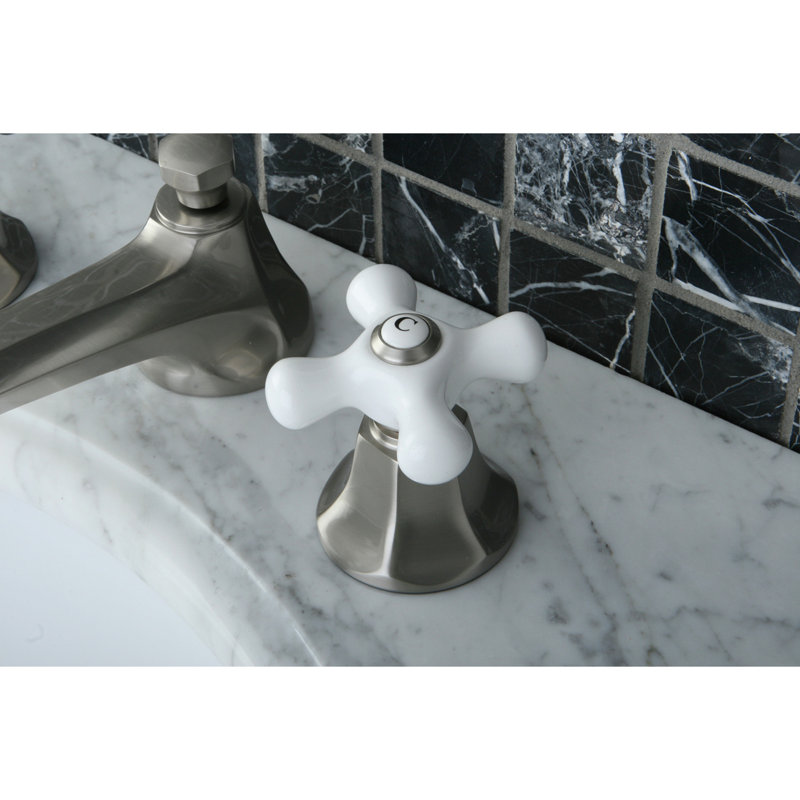 Kingston Brass Metropolitan Two-Handle 3-Hole Deck Mount Widespread Bathroom Faucet with Brass Pop-Up Drain, Brushed Nickel