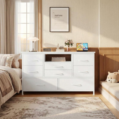 Large commode à 8 tiroirs, meuble télé, organisateur de rangement avec structure en acier robuste, commode avec meuble de rangement en bois pour le hall d'entrée du salon