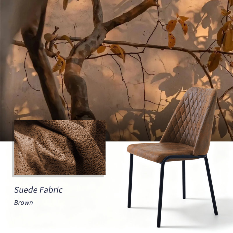 49cmH Modern Linen/Suede Diamond Quilted Upholstered Dining Chairs with Black Metal Legs (Set of 2/4), Brown Suede, 4