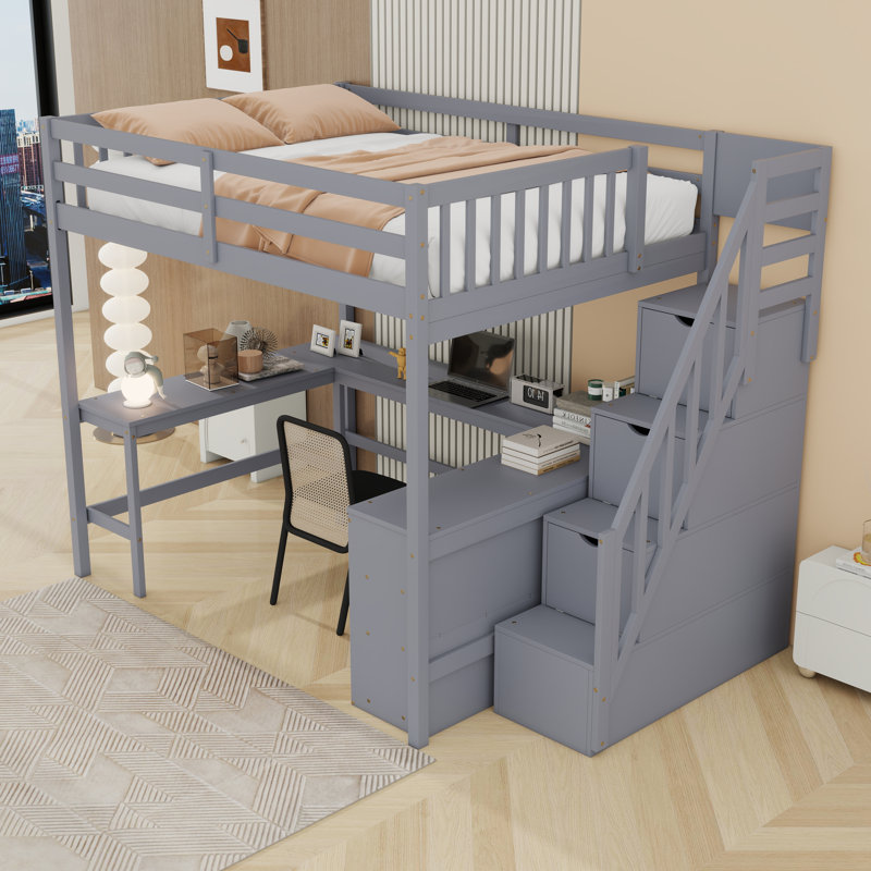 Space-Saving Full-Size Loft Bed With L-Shaped Desk And Ample Storage Shelves,Staircases, Gray