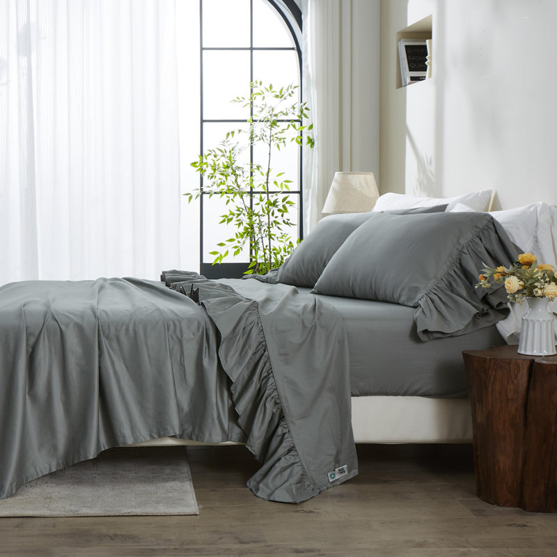 Ensemble de draps 100% coton Draps de lit à volants, KING 1 drap plat 1 drap-housse 2 taies d'oreiller, Gris