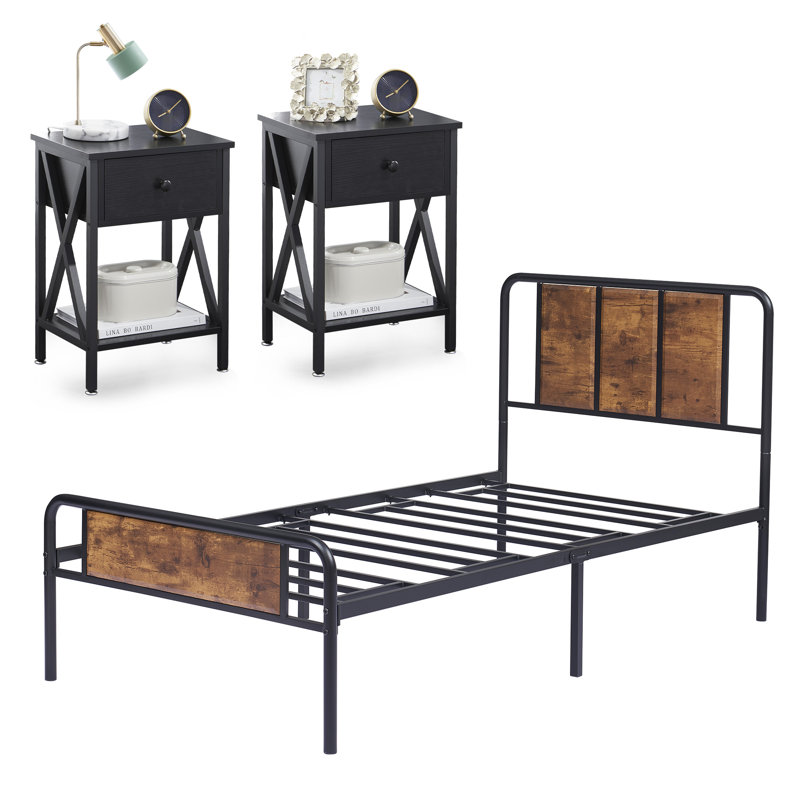 Ensemble de chambre avec lit plateforme 3 pièces Kempst, Complète, Noir