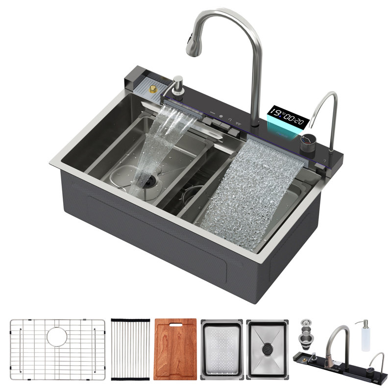 Évier de cuisine à cascade 30 po - 30 po x 19 po x 9 po Multifonction à cuve simple 16 jauges en acier inoxydable