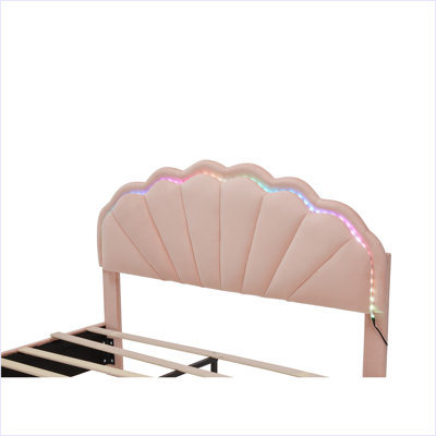 Full Size Upholstered Smart LED Bed Frame With 2 Storage Drawers And Chic Double Petal Headboard , Princess Platform Bed With Smart LED Light