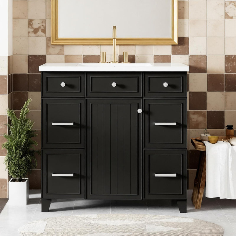 36" Bathroom Vanity With Ceramic Sink, Soft-close Doors, Adjustable Shelf, Black, Silver