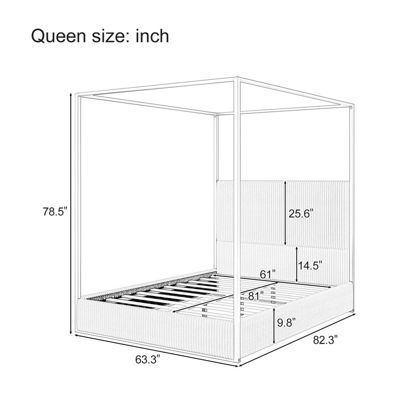Alicea Modern Luxury Metal Canopy Bed With Tall Upholstered Headboard And Gold Four Poster, White