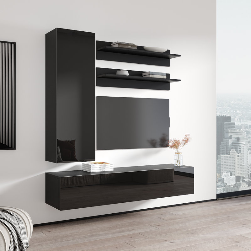 Meuble audio-vidéo mural flottant moderne de 63 po avec éclairage à DEL 16 couleurs Wachter, Noir