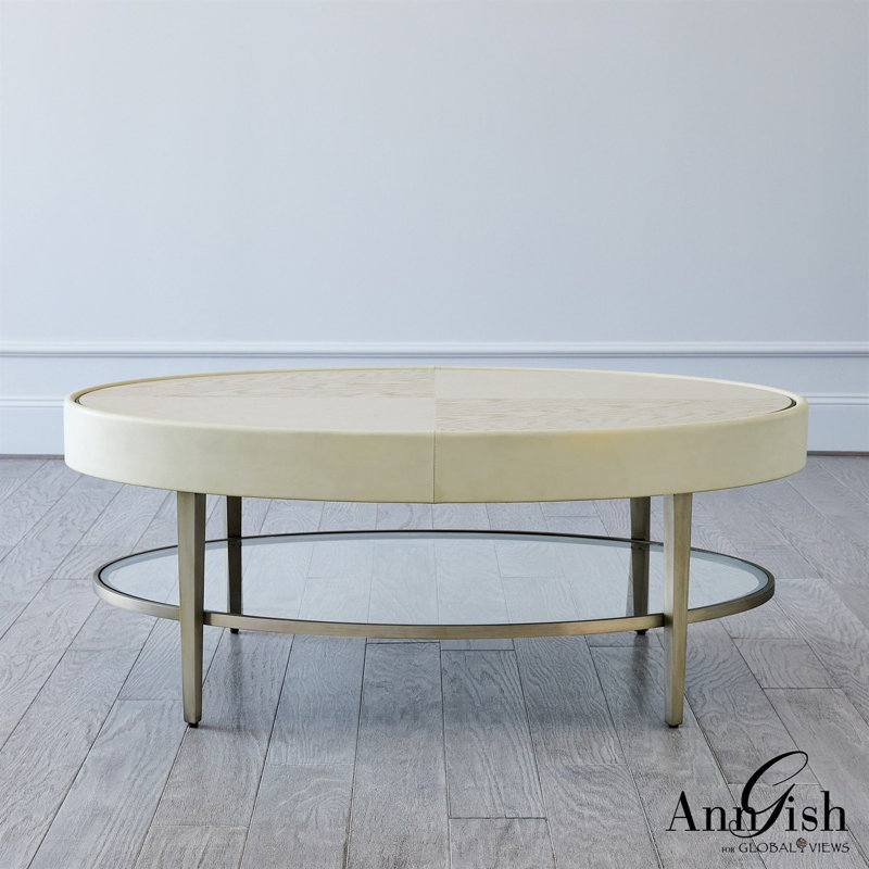 Ivory and Gray Oval Wood Metal Glass Coffee Table