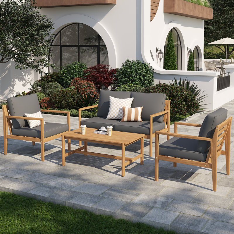 4 Piece Solid Wood Sofa Seating Group With Cushions, Grey