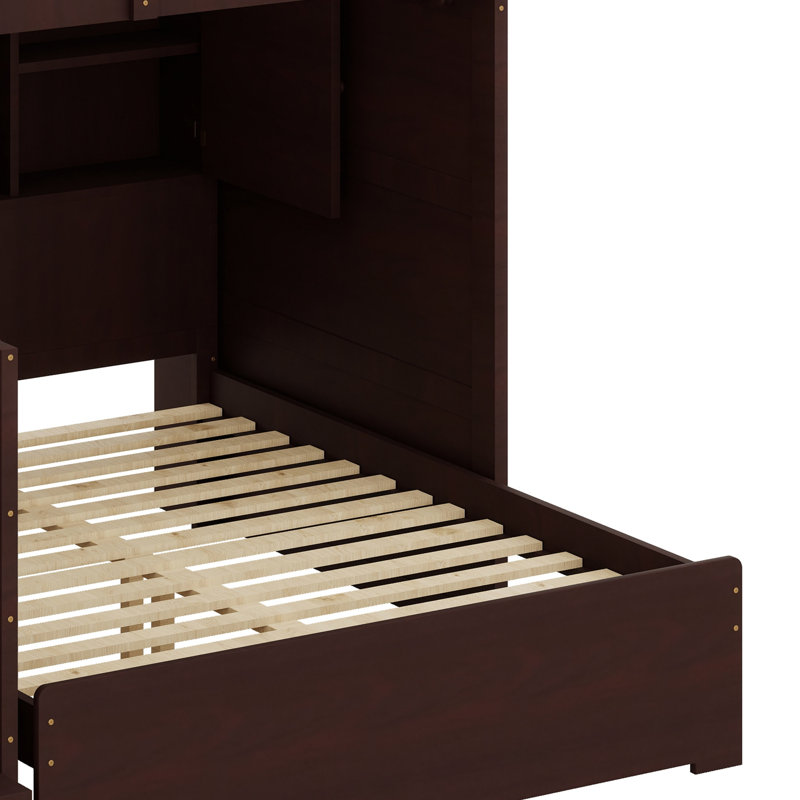 Lit superposé multifonctionnel avec escalier de rangement et garde-robe, Espresso