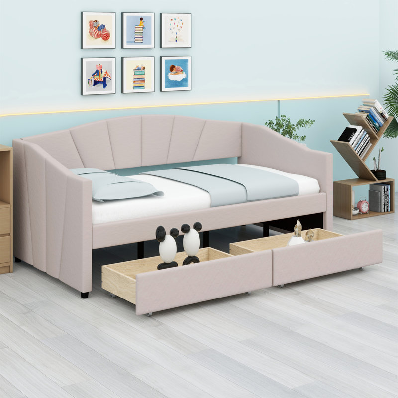 Upholstered Daybed With Two Drawers, Beige