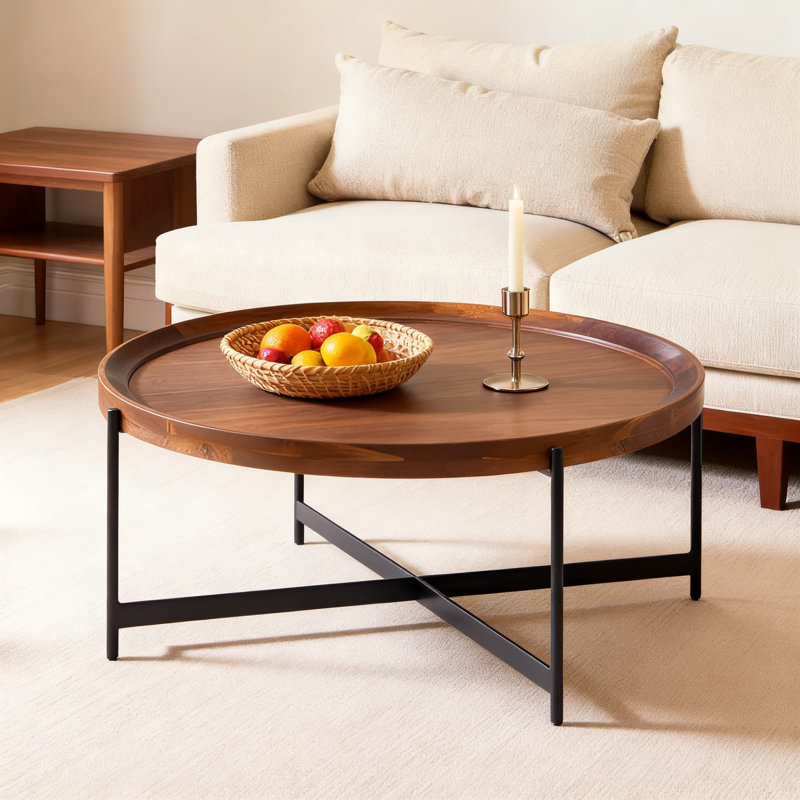 Table basse ronde de 42 pouces avec plateau en bois d'acacia massif et pieds en métal thermolaqué noir - Mobilier de salon rustique industriel moderne