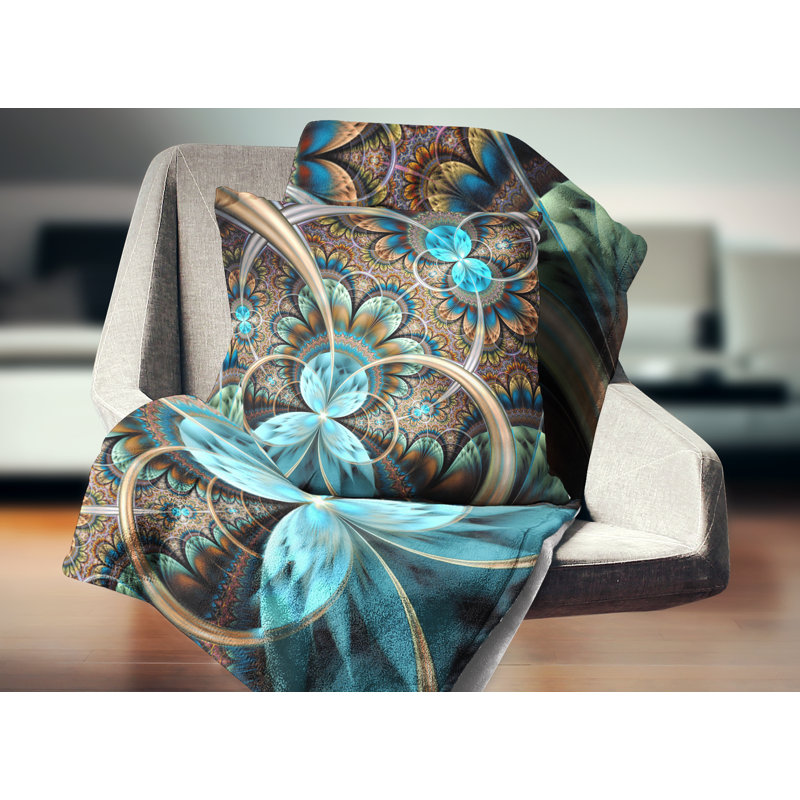 Fleur fractale bleu clair - coussin à imprimé floral, 16 po x 1 po, Coussin décoratif