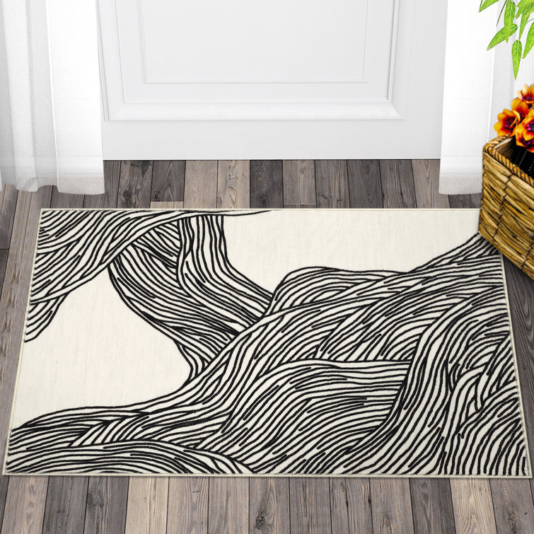 Washable Indoor Modern Abstract Area Rug Soft Low Pile Contemporary Throw Carpet Mat for Home Decor_White Black