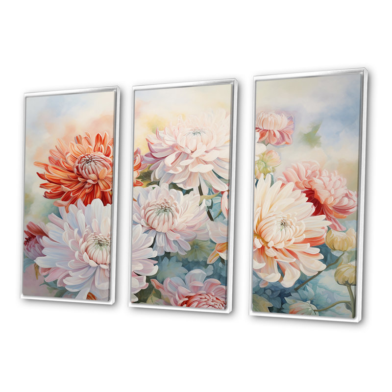 «Pinka And White Mums Minimal Charm», ensemble d'art mural fleurs, H 28 po x l 36 po x P 1 po, Cadre flottant blanc