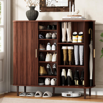 47'' W Wooden 24 Pair Shoe Storage Cabinet With Adjustable Shelves(Yellow Walnut)