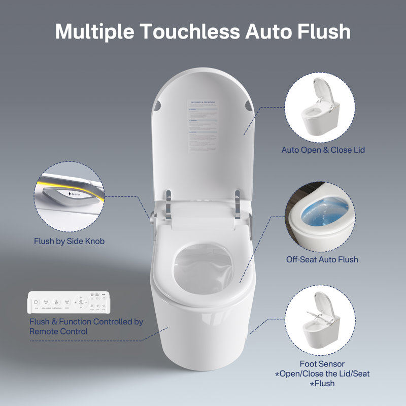Elongated Smart Toilet with Bidet, Auto Open Lid, Foam Pre-Spray, Sensor-Activated Flush, Bidet Wash, Warm Air Dryer, Foot Sensor Flush & Night Light (Remote Included)