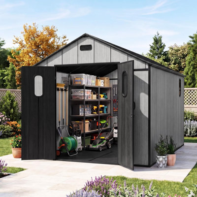 Abri de jardin spacieux de 2,4 x 3,7 m en résine avec rangement, structure en acier, solution de rangement moderne pour votre cour arrière.