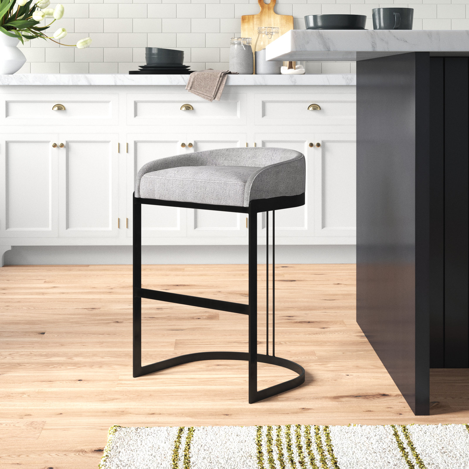 Bradley Upholstered Bar & Counter Stool, Light Grey Performance, Bar Stool (28.75" Seat Height), Black