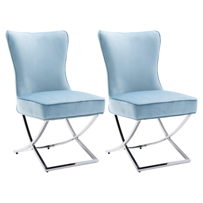 Chaise parsons rembourrée en velours capitonné Chary, Bleu clair