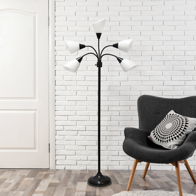 Simple Designs 67" Contemporary Multi Head Medusa 5 Light Adjustable Gooseneck w/ Multicoloured Shade, Black, White
