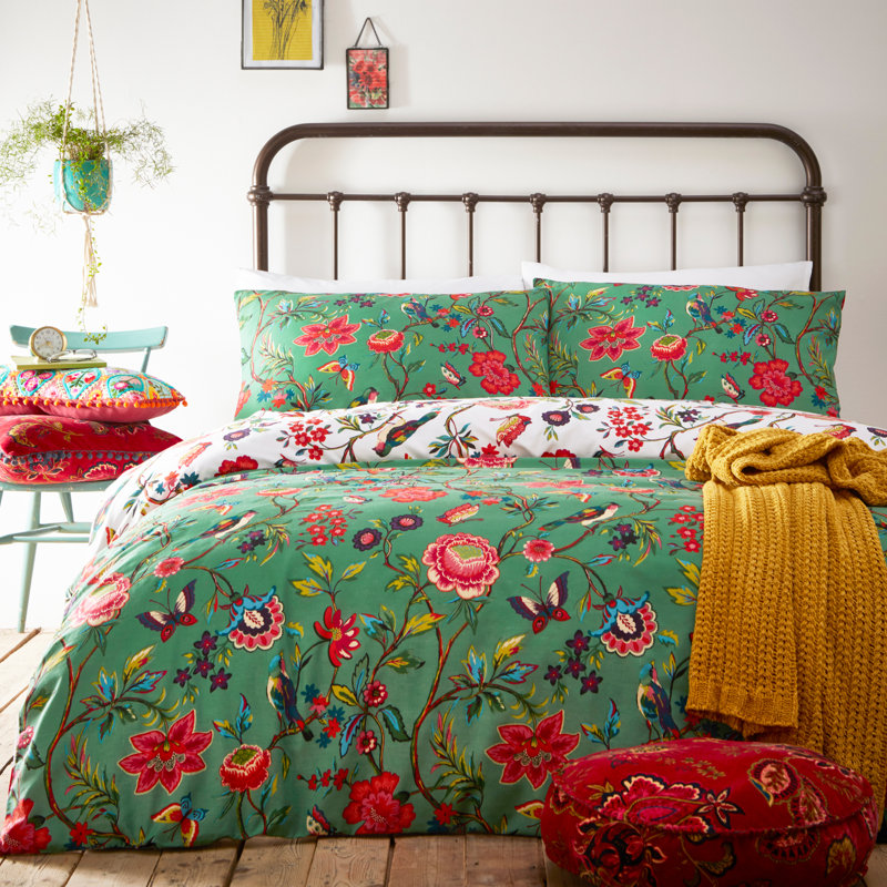 Cotton Blend Floral Duvet Cover Set with Pillowcases Included, Single - 1 Standard Pillowcase, Verdi