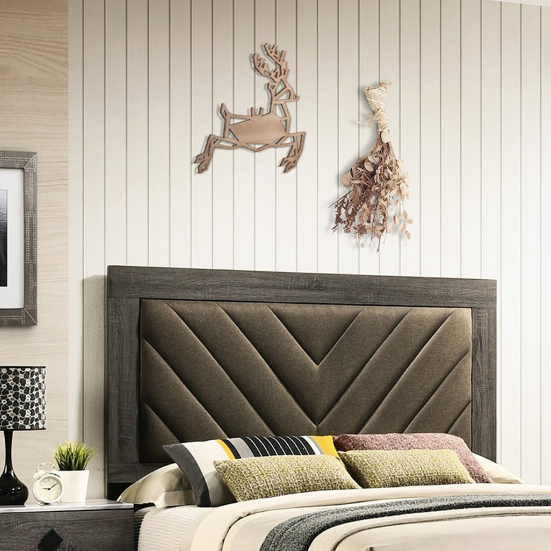 Contemporary King Size Bed With Brown Fabric Upholstered Headboard And Wood In Modern Style Grey Box Spring Requirement