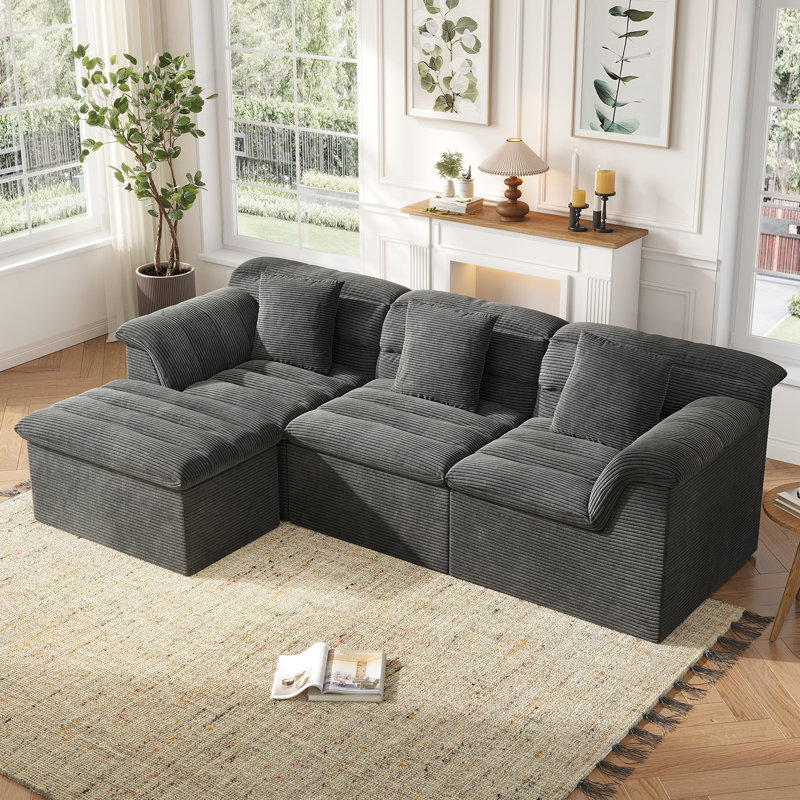 112" Cloud Modular Sectional Sofa, L-Shaped Corduroy Couches with Deep Seating, Dark Gray, Dark Gray