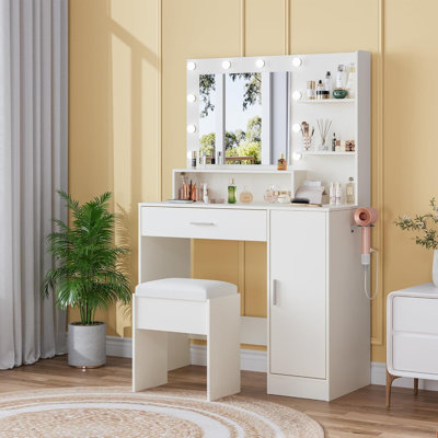 Makeup Vanity Desk with 3-Color Adjustable LED Mirror, Drawer & Cabinet, Power Outlets, Stool Included for Bedroom, Apartment