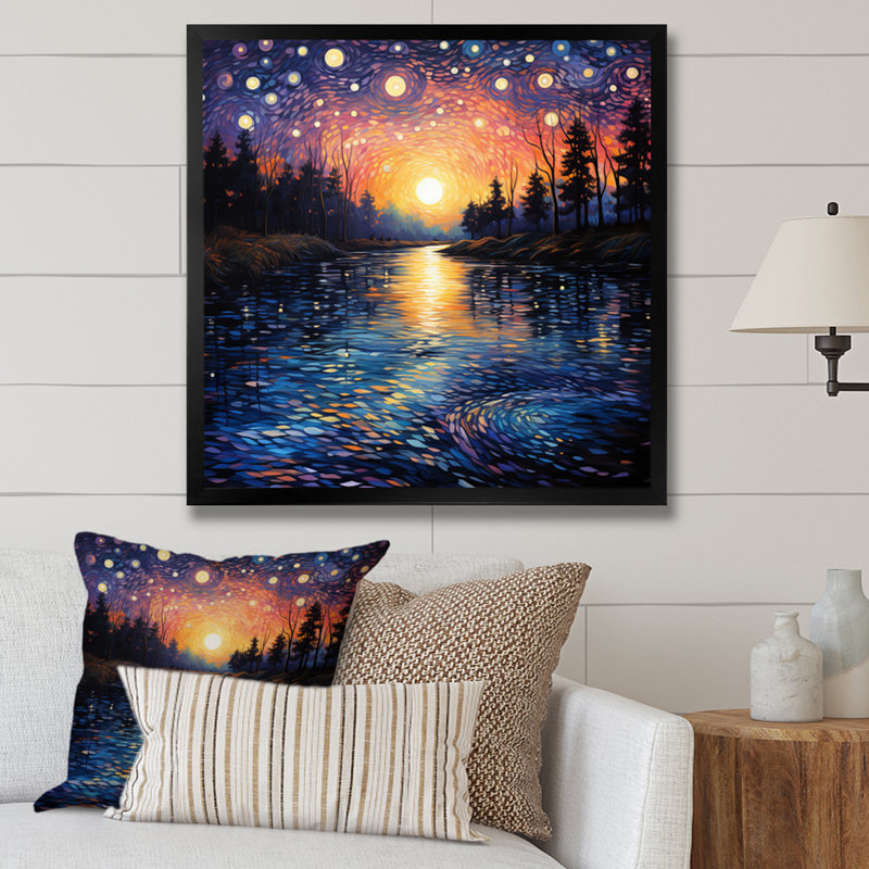 «Vangogh Twilight Reflections Pointillism - Vangogh Wall Art» par Vincent Van Gogh, peinture, H 24 po x l 24 po, Noir