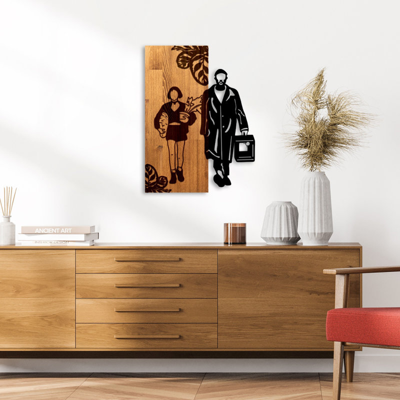 Elegant Decorative Wooden Wall Accessory, Walnut & Black, 17.3 x 22.8 x 1.2 inches | 50% Real Wood (Thickness: 1.2 inches) & 50% Metal (Thickness: 0.6 inches) | Unique Design Enhances Any Home Décor