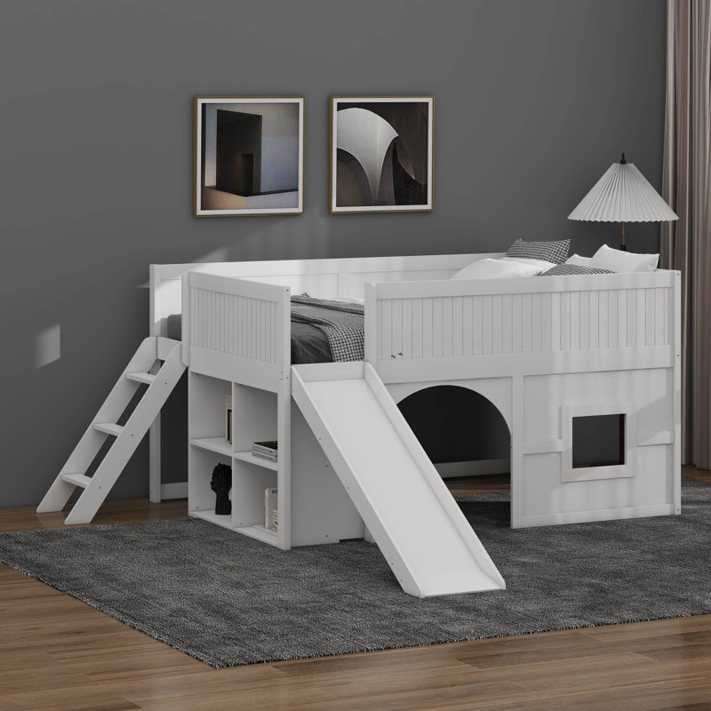 Full Size Low Loft Bed With Slide And Shelves, Multiple Functions Wooden Low Loft Bed Frame With Storage Shelves, Door And Window Design