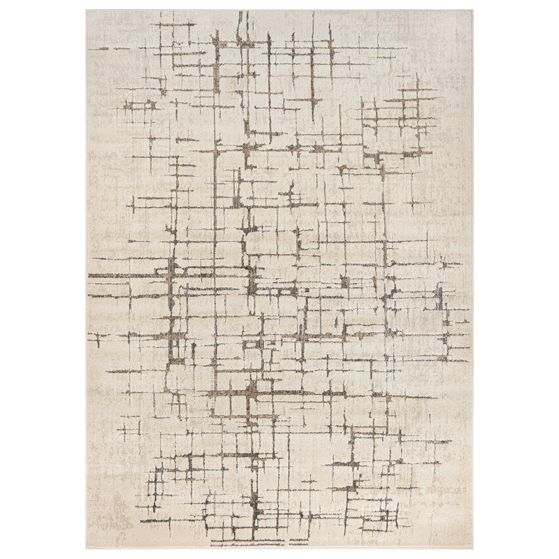 Modern Abstract Linear Ivory Mist Cream Indoor High-Low Area Rug, Rectangle 4' x 6'