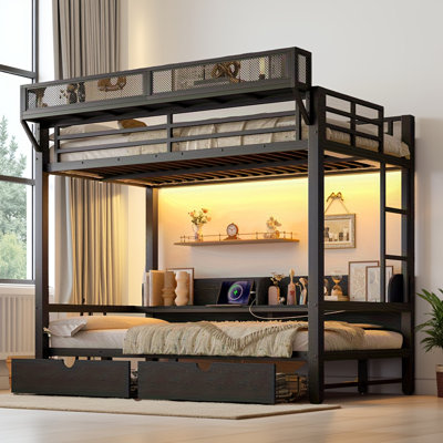 Twin XL Over Twin XL Metal Bunk Bed With Storage, USB Ports, LED Lights, And Convertible Sofa - Black