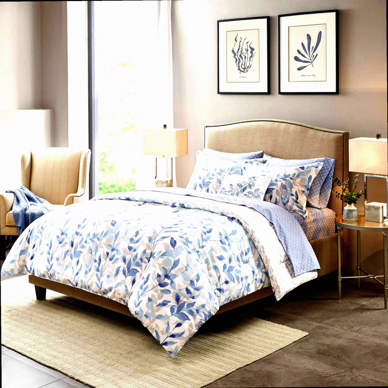 Botanical Bliss Reversible Comforter Set - Twin Size 6 Piece Bedding Bundle with Complete Sheet Set, Shams, and Decorative Pillow - All Season Cozy Cover in Modern Blue Print