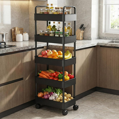 5-Tier Slim Storage Trolley on Wheels, Plastic Slide Out Rolling Utility Cart with Handle, Mobile Shelving Unit, Narrow Shelf Unit Storage Rack for Kitchen,Laundry Room,Bedroom