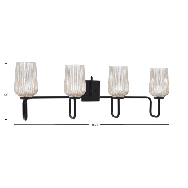 Barre d'éclairage de salle de bain 4 lumières Amarmula, finition noir mat, verre texturé argenté de 5 po, Argenté/Transparent