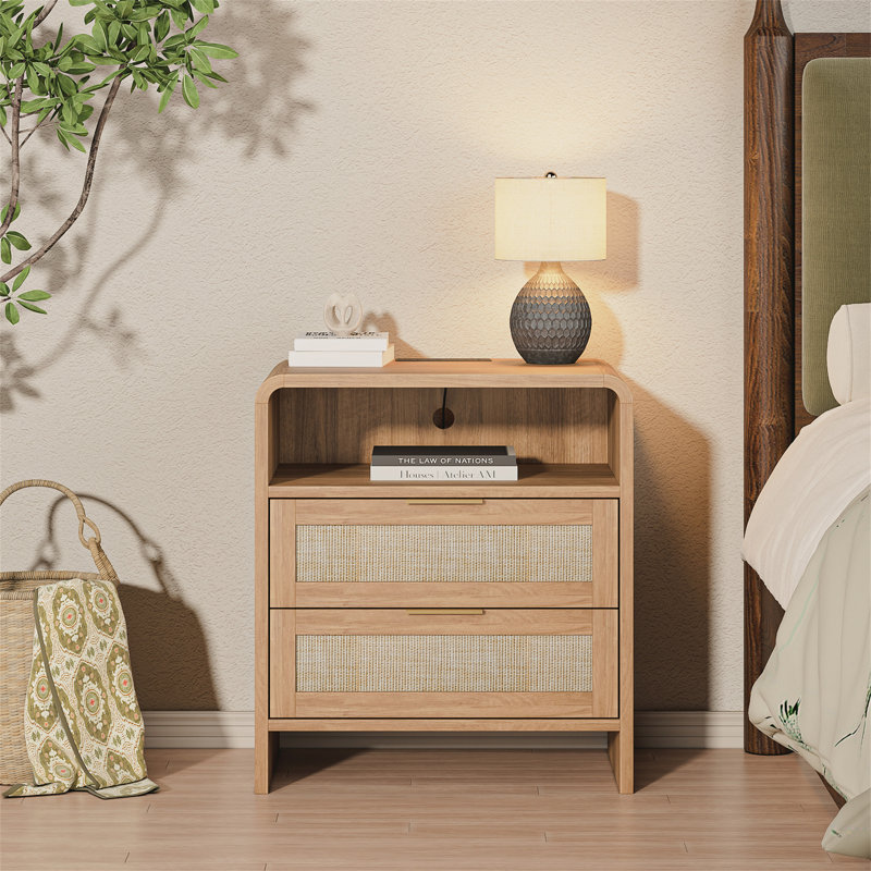 Table de chevet en rotin avec station de charge, Caramel, Ensemble de 2