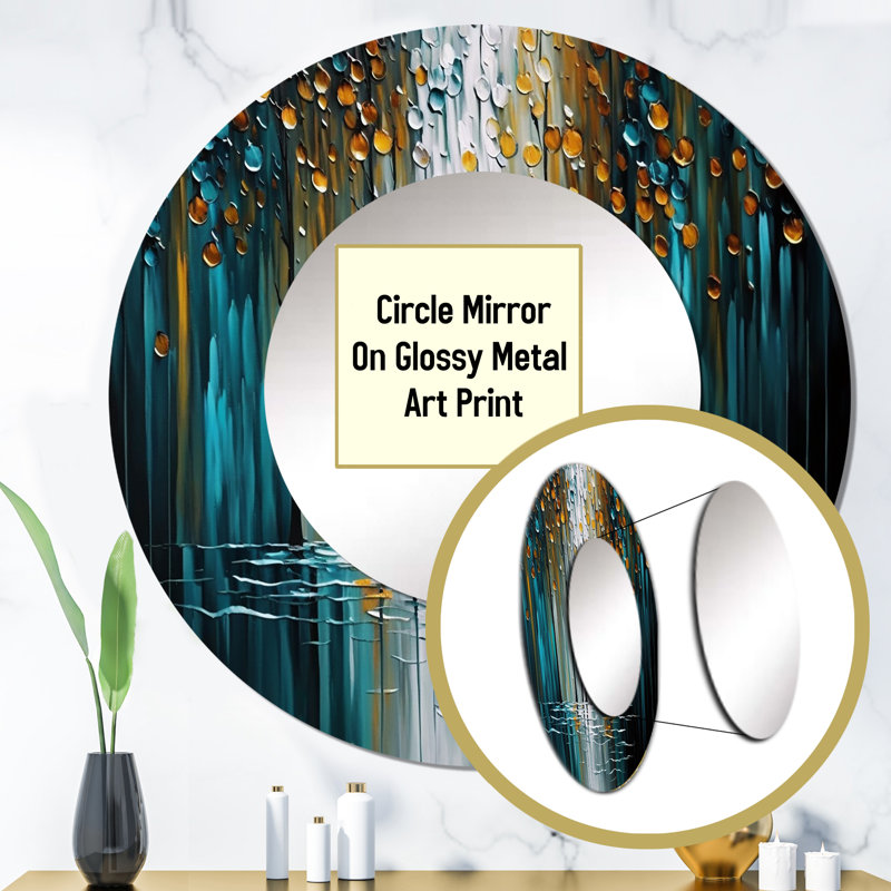 Oleeta Abstract Nature Trees Painting I - Abstract Unique Wall Mirror, Modern Round Mirror, Printed Metal Art, 29" x 29"