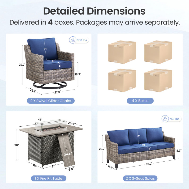 Maelie 5-Piece Outdoor Patio Fire Pit Conversation Set With Rectangle Fire Pit, 3-Seat Sofa & Swivel Gliders, Blue