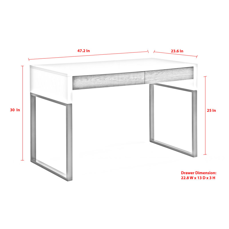 Bureau avec 2 tiroirs de rangement, Argent