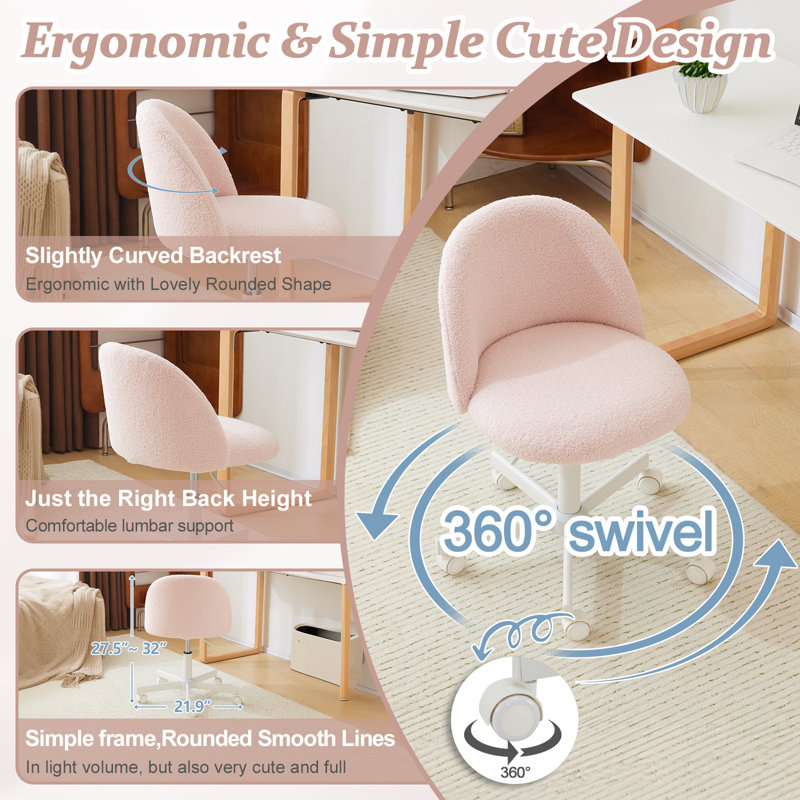 Modern Teddy Fleece Desk Chair Ergonomic Vanity Chair Small Office Chair with Wheels for Home Office, Pink