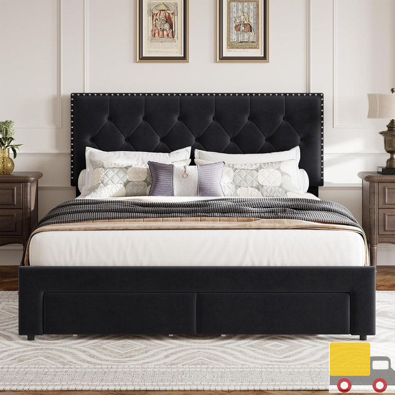 Upholstered Bed Frame with Storage Drawers – Velvet Platform Bed with Tufted Headboard & Rivets – No Box Spring Needed, Black