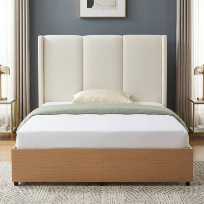 Modern Wingback Upholstered Bed with 2 Footboard Drawers, Queen, Beige Linen