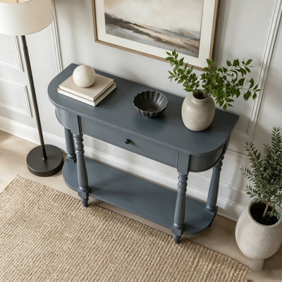 Console étroite avec coins arrondis, tiroir et tablette ouverte