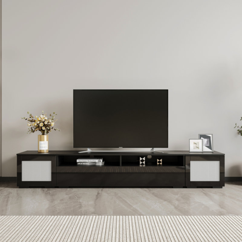 Meuble audio-vidéo avec portes à pousser, console de télévision pour téléviseur de 85 po ou moins, Noir, noir, noir, noir