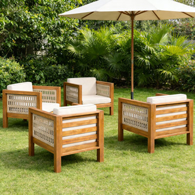 4 Piece Acacia Wood Outdoor Patio Chair Set with Rope Armrests and Cushions