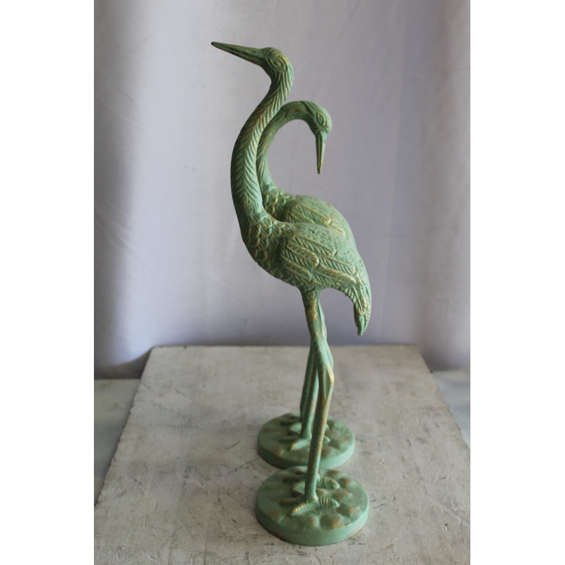 Pair of Green Patina Aluminum Crane Sculptures 24" x 14" x 42"H