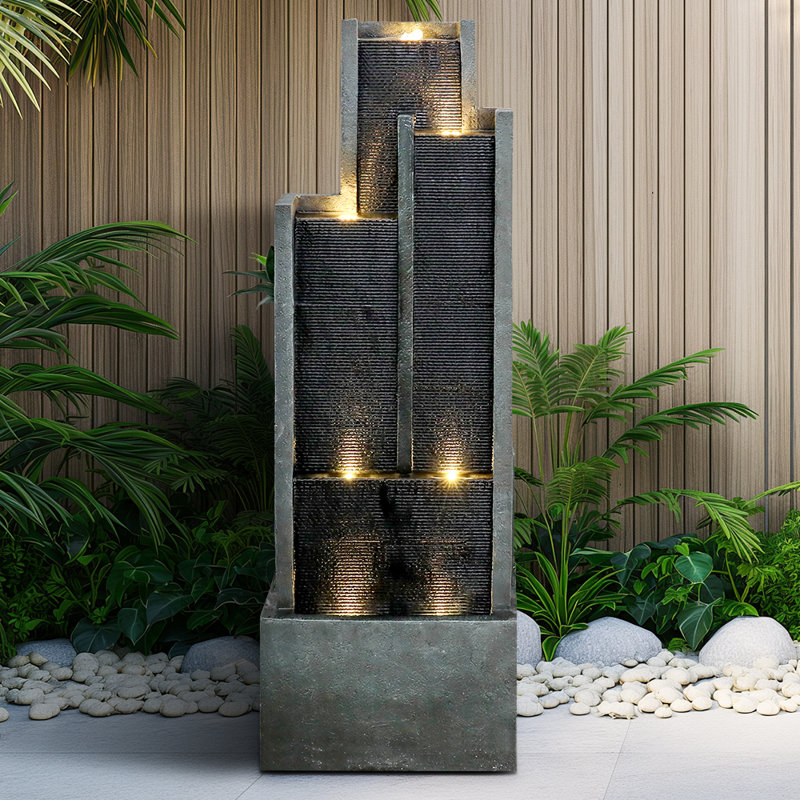 Fountains, 4-Tier 50.7" Indoor/Outdoor Waterfall Fountain with LED Lights for Garden Patio Yard Deck | Slate Gray | Resin
