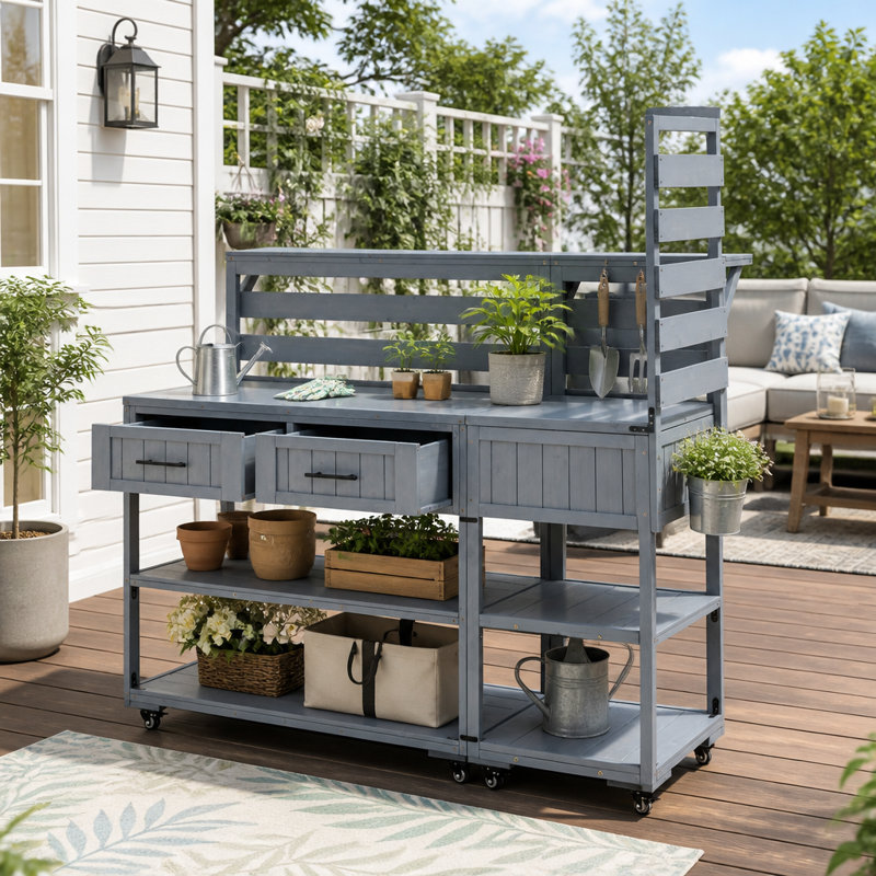 Îlot de cuisine de patio polyvalent avec plateau en acier inoxydable, 62.3"W, Gray